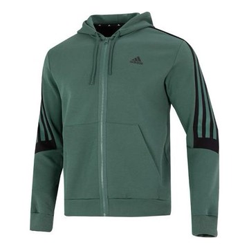 Men's adidas Stripe Logo Athleisure Casual Sports Knit Hooded Jacket Autumn Green