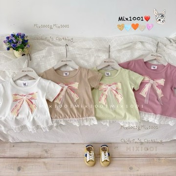 🌈✨mix1001合身款✨短版蝴蝶結🎀網紗上衣✨兒童短版上衣5-17