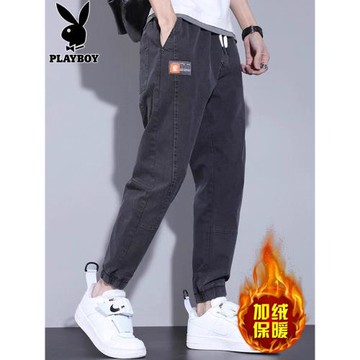 花花公子牛仔褲男士2026年秋冬季新款加絨束腳褲休閑彈力長褲子男