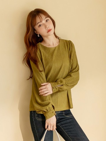 立體織紋打褶排釦長袖上衣