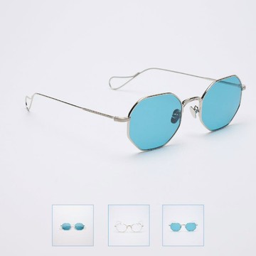 1980 純正老銀框復古設計 八角眼鏡 亮銀鏡框*第凡內藍色鏡片 不銹鋼金屬鏡框 銀*第凡內藍鏡片