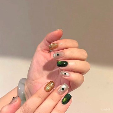 ➕最新設計款穿戴甲💅手工穿戴甲綠色寶石貓眼秋冬棕色甲片高級感輕奢顯白甜酷美甲貼片短款穿戴甲 X5BN