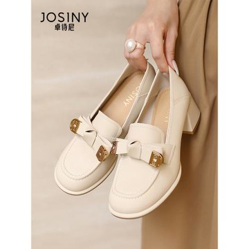 卓詩尼高跟樂福鞋女2026春新款一腳蹬厚底英倫小皮鞋淺口米色單鞋