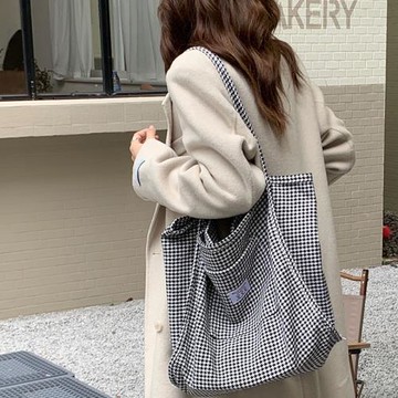 小白兔幾 千鳥格子托特包女新款潮ins綠格大容量單肩包學生購物袋