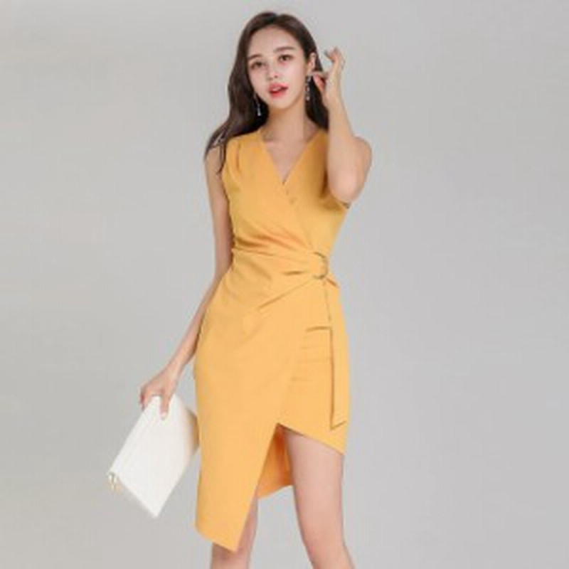 不規則 ワンピース Vネック ノースリーブ イエロー タイトワンピース 韓国風 お洒落 代 30代 夏 通勤 Ol 膝丈ワンピース キャバドレス 通販 Lineポイント最大1 0 Get Lineショッピング