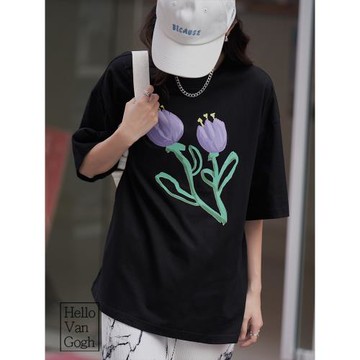 紫色郁金香印花寬松短袖t恤女2024年夏季新款黑色設計感小眾上衣