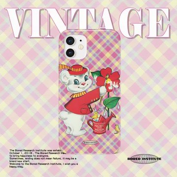 原創復古雜志小眾繪畫格子小熊粉色少女花卉潮流適用于蘋果IPhone11/12/13/14promax/15/16pro菲林手機殼imd