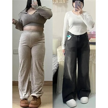 【🍇精選】100公斤可穿 大碼牛仔褲 美式複古闊腿牛仔褲女 大碼胖mm 高腰直筒褲 拖地褲 梨形身材 黑灰色直筒褲長褲