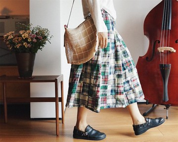 馬德拉斯格紋純棉拼色面料 雙兜鬆緊腰 復古文藝半身裙