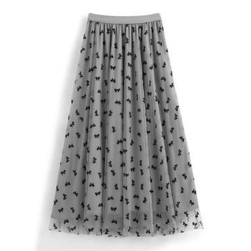 春夏蝴蝶結植絨重工網紗半身傘裙女中長款甜美高腰顯瘦蓬蓬a字裙