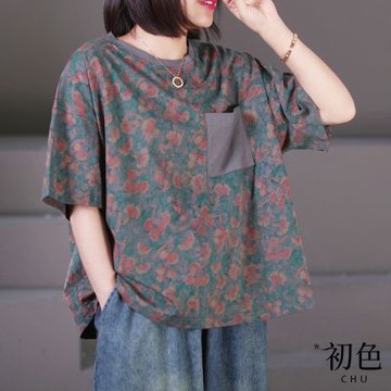 初色 復古風拼接寬鬆花卉印花圓領短袖T恤上衣女上衣-花色-11440(L-4XL可選)