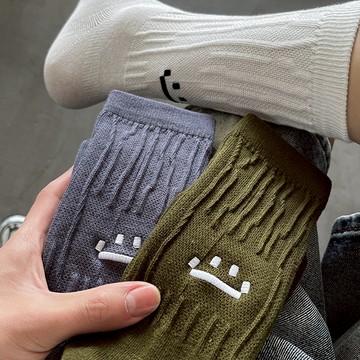 w0068 日系刺繡笑臉薄款堆堆棉襪.長襪.襪子