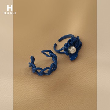 花跡寶藍色鏈條戒指女潮簡約冷淡風可調節食指戒時尚個性指環