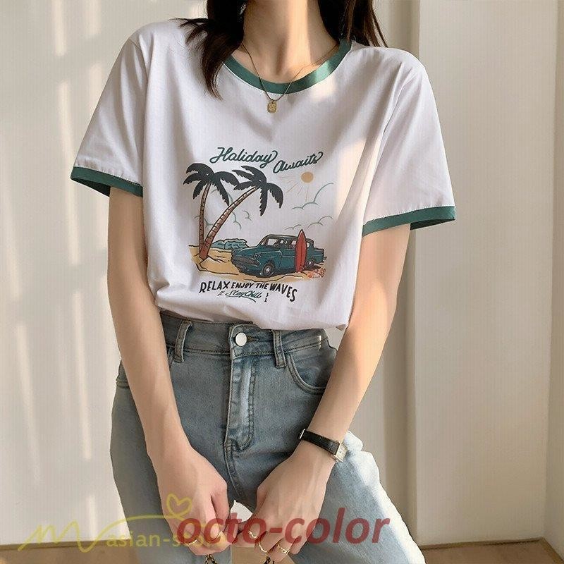 Tシャツ レディース 新作 半袖 丸首 カジュアルTシャツ プリント 着痩せ 可愛い カットソー 日常感 レトロ 韓国風 配色切替 アウトドア ワイド Tシャツ ゆったり 通販 LINEポイント最大0.5%GET LINEショッピング