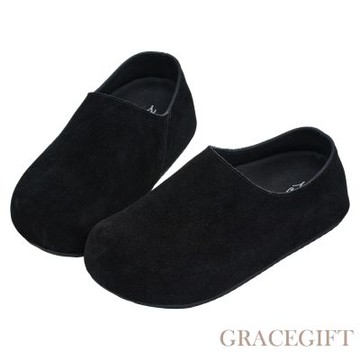 【Grace Gift】李柔聯名-慵懶共存圓頭牛麂皮懶人拖鞋 黑