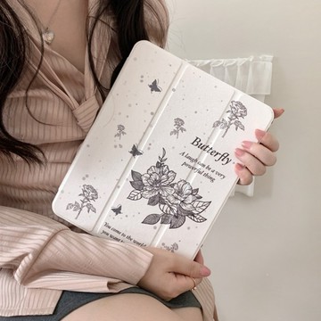 潑墨山茶花 三折平板保護套 帶筆槽 適用於 iPad Pro A16 10 9 8 7 Air4 Air5 mini6