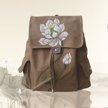 復古文藝女包手工手繪荷花帆布包時尚雙肩包男包學生背包高品質