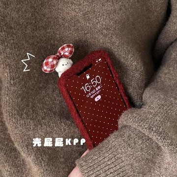 殼屁屁KPP喜慶可愛新年紅蝴蝶結小狗ins韓14適用16pro蘋果16ProMax手機殼iPhone16全包13/15Promax毛絨保護套