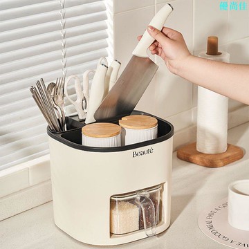 廚房旋轉刀架置物架臺面多功能調味盒調料瓶筷子刀具一體收納架子