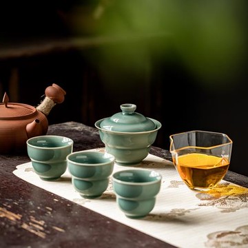 青瓷便攜式旅行功夫茶具小套裝中式復古快客杯一壺三杯戶外手提包