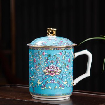 景德鎮描金琺瑯彩陶瓷茶具茶杯帶蓋商務辦公杯水杯會議杯泡茶杯