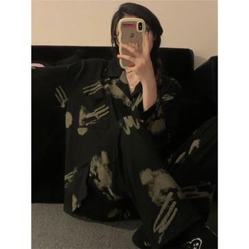 黑色扎染情侶睡衣女夏季純棉套裝長袖長褲春秋款男士家居服高級感