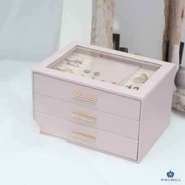 新款大容量質感皮革首飾盒 透明壓克力三層抽拉式首飾盒 飾品收納盒 L998