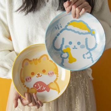 臺灣🎀飯碗 湯碗  碗可愛的陶瓷餐盤卡通碟子高顏值餐具組合網紅創意家用8英寸菜盤子