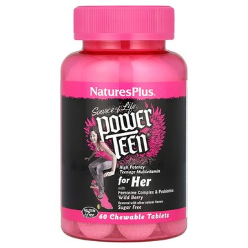 NaturesPlus, Source of Life，Power Teen，適合女士，無糖，天然野生漿果味，60片咀嚼片