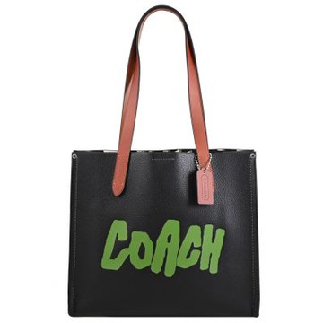 COACH RELAY 標誌塗鴉LOGO荔枝皮革肩背/托特包(黑)