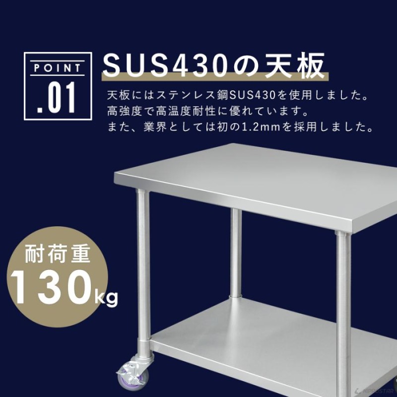 ステンレス 作業台 キャスター付き 業務用 調理台 800×600×800 板厚1.2