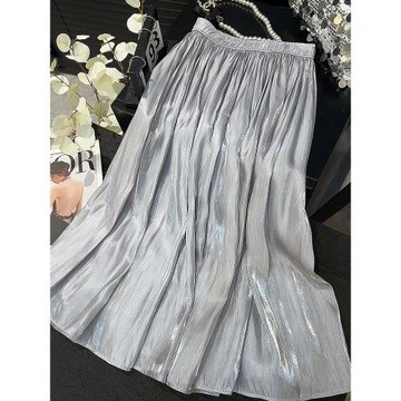 高級光澤感珠紗雪紡百褶半身裙女高腰a字顯瘦復古洋氣鎏光網紗裙