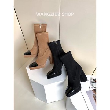 小香風厚底短靴女粗跟2024秋冬新爆款款防水臺高跟瘦瘦靴子小個子