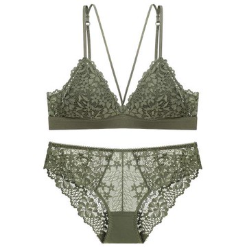 法式Bralette性感三角杯細帶薄款蕾絲帶插片無鋼圈文胸套裝女士夏