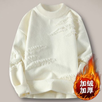冬季毛衣男潮流色百搭圓領長袖加絨加厚打底日系慵懶破洞針織衫鑫弘-衣錦男裝