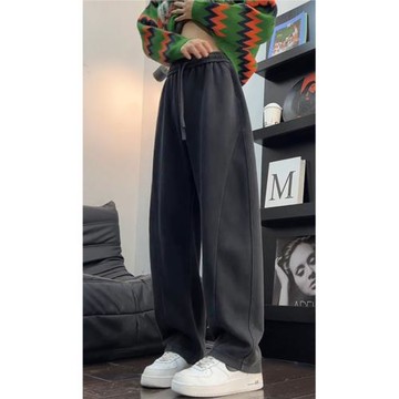 灰色加絨彎刀衛褲男款秋冬美式復古運動褲子垂感重磅休閑直筒長褲