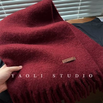 🔥2件9折🍊臺北出貨🍊可開發票含澳洲羊毛巨顯白酒紅色氛圍感含羊毛流蘇圍巾女秋冬保暖防寒披肩