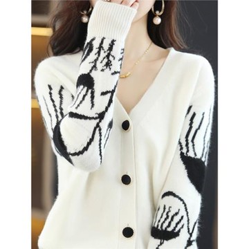 秋新款V領提花羊絨開衫女寬松針織羊毛外套黑白拼色休閑高級外搭