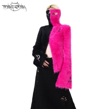 PINKSPINK原創芭比粉拼接頭套高領雙拉頭修身辣妹Y2K修身性感毛衣