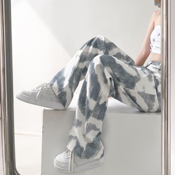 白色扎染牛仔休閑褲女夏季薄款寬松直筒設計感顯瘦闊腿新款潮