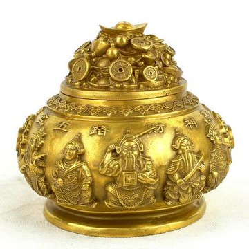 銅工藝品 銅聚寶盆 五路財神齊聚財 擺件中號