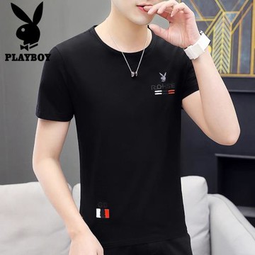 花花公子白色短袖純棉上衣服體恤潮牌潮流夏季薄款寬松圓領t恤男