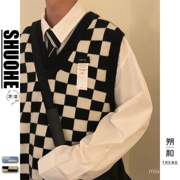 【優選好物】秋季新款撞色棊盤格古著V領無袖針織背心毛綫馬甲男毛衣馬夾男潮 ARAT