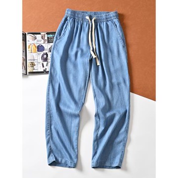 自帶涼感 超輕薄透氣 夏季男士寬松休閑天絲褲松緊腰水洗牛仔褲男