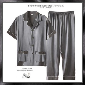 冰絲睡衣男短袖長褲夏季薄款冰雪絲中老年灰蘭前扣絲綢大碼家居服