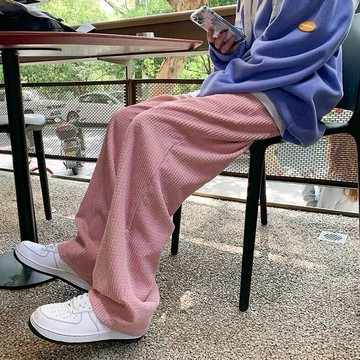臺灣/✨闊腿褲 休閒褲  落地褲直筒華夫格闊腿褲女秋冬新款胖妹妹mm大碼女裝寬松燈芯絨拖地褲子