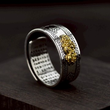 復古泰銀民族風爆款佛教經文招財貔貅戒指男女款本命年食指戒飾品