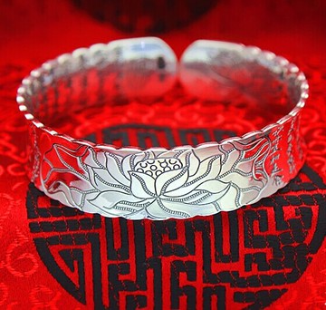 銀手鐲子999足銀純銀蓮花心經開口做舊復古寬送媽媽母親生日禮物