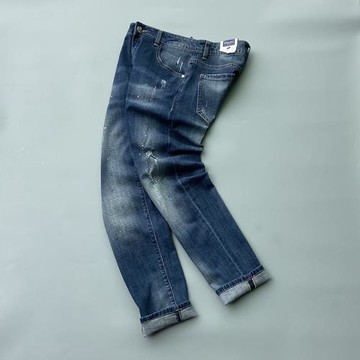 春夏薄款外貿工廠品牌剪標藍破洞乞丐褲洗水彈力休閑百搭牛仔褲男