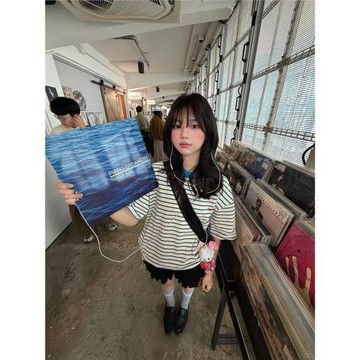 美式復古條紋純棉短袖t恤女夏季2026新款寬松潮牌小眾情侶裝上衣